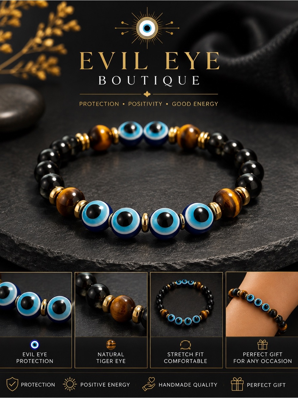 🧿✨Evil Eye (Unisex) Beaded Bracelet - Black & Blue🧿✨
